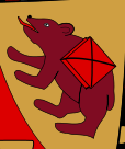 Illustration eines braunen B&auml;ren, der aufrecht steht und eine rote geometrische Figur an einem der Sterne des Mazzaroth tr&auml;gt, vor einem ockerfarbenen Hintergrund.