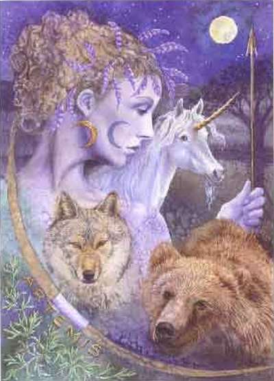 Kunstwerk zeigt eine geheimnisvolle Frauengestalt mit Sternenmotiven, umgeben von einem Wolf, einem Einhorn und einem B&auml;ren unter einem mondhellen Nachthimmel.