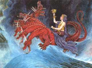Gem&auml;lde eines mythologischen Motivs, das eine Frau zeigt, die eine Schale h&auml;lt und einen siebenk&ouml;pfigen roten Drachen reitet, der &uuml;ber wellenf&ouml;rmiges Wasser schwebt.
