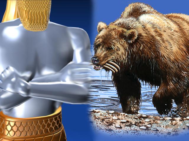 Ein digitales Bild, das eine stilisierte, metallische menschliche Figur links und einen realistischen Braunb&auml;ren, der an einem Wasserlauf trinkt, rechts zeigt. Die menschliche Figur ist teilweise in Gold dargestellt.