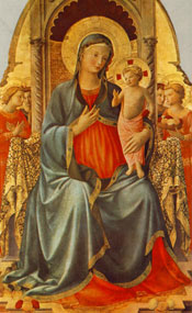 Ein Gem&auml;lde zeigt die Maria, bekleidet mit einem blauen und goldenen Mantel, die das Jesuskind auf ihrem Scho&szlig; h&auml;lt. Im Hintergrund sind zwei Engel mit musikalischen Instrumenten zu sehen.