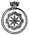Eine Schwarz-Wei&szlig;-Illustration eines kreisf&ouml;rmigen Symbols mit einem achteckigen Stern in der Mitte, umgeben von einem kreisf&ouml;rmigen Kranz und gekr&ouml;nt von einer k&ouml;niglichen Krone.